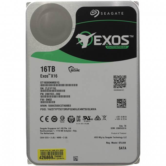 Жесткий диск SEAGATE EXOS X16 512E ORIGINAL SATA-III 16TB SERVER (7200RPM) 256MB 3.5" ST16000NM001G